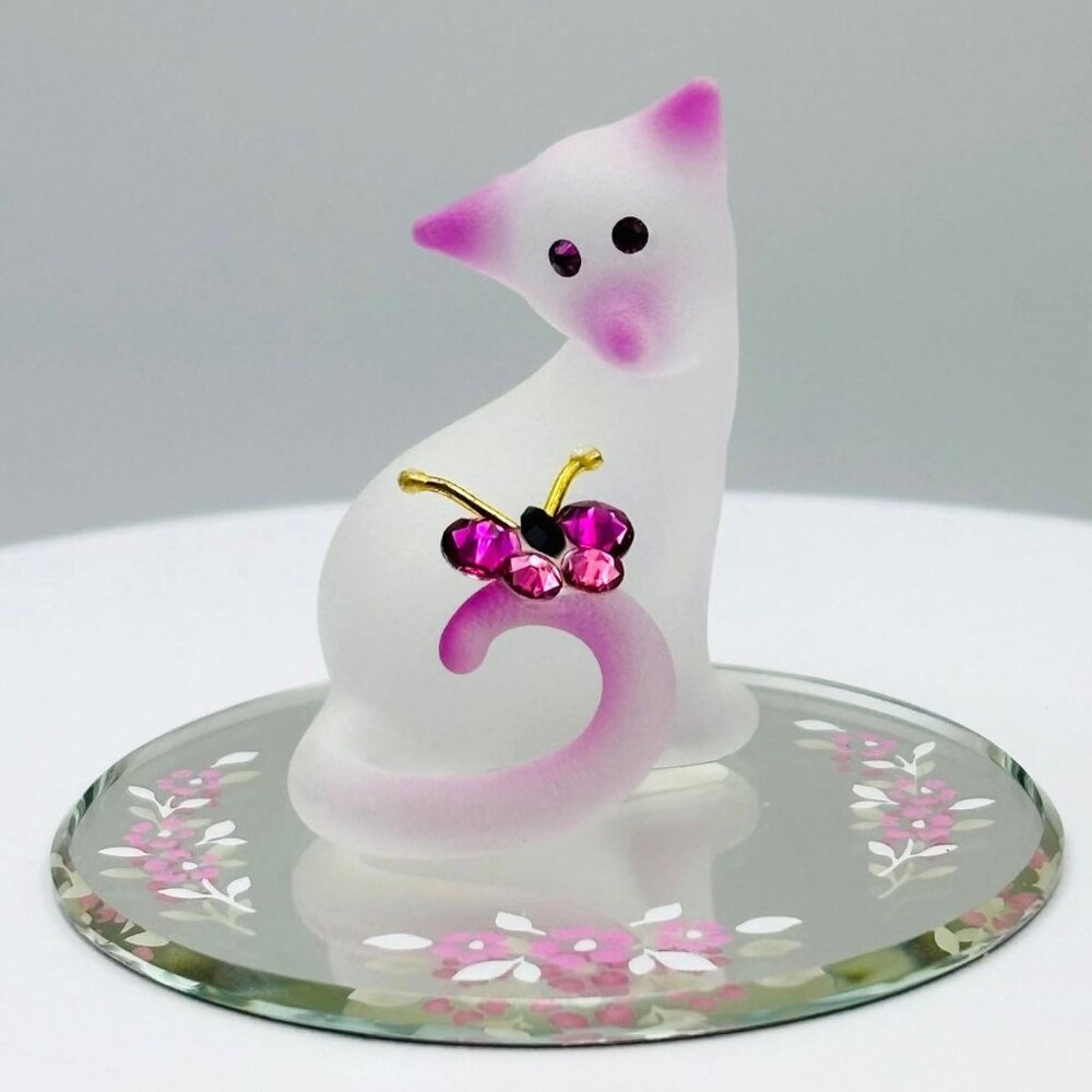 Glass Pretty Kitty Cat Figurine Butterfly Decor